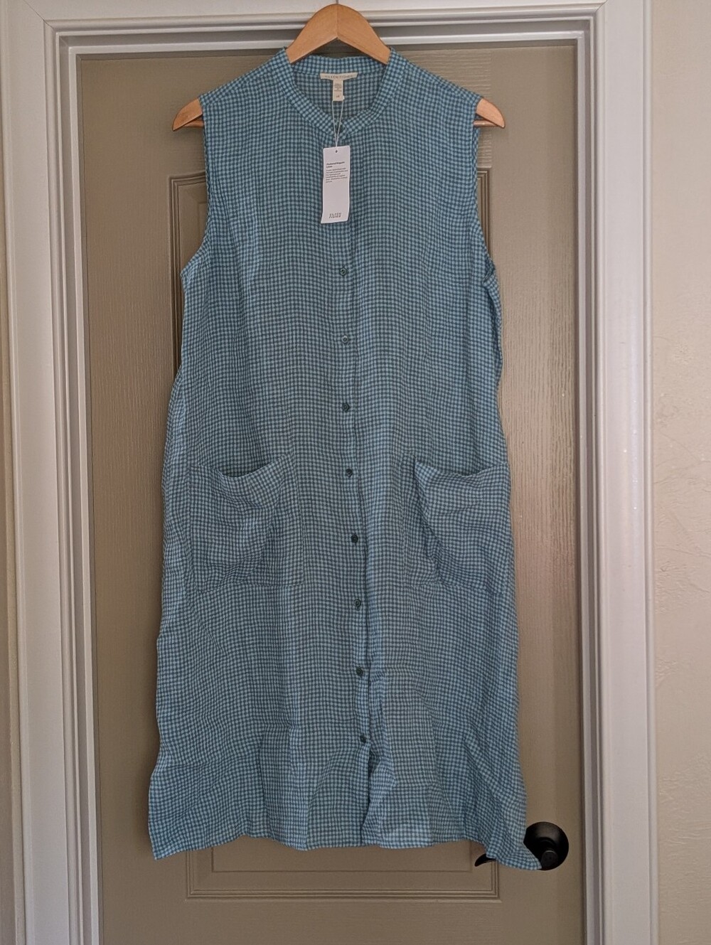 NWT Eileen Fisher Puckered Organic Linen Mandarin Collar Dress - L - Amal - Picture 2 of 12